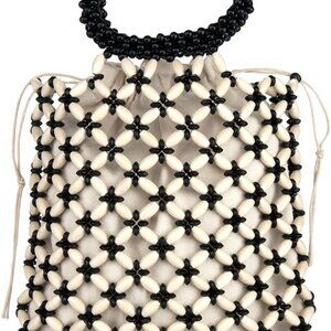 Wooden Bead Tote Bag Small Handwoven Clutch for Women with Drawstring